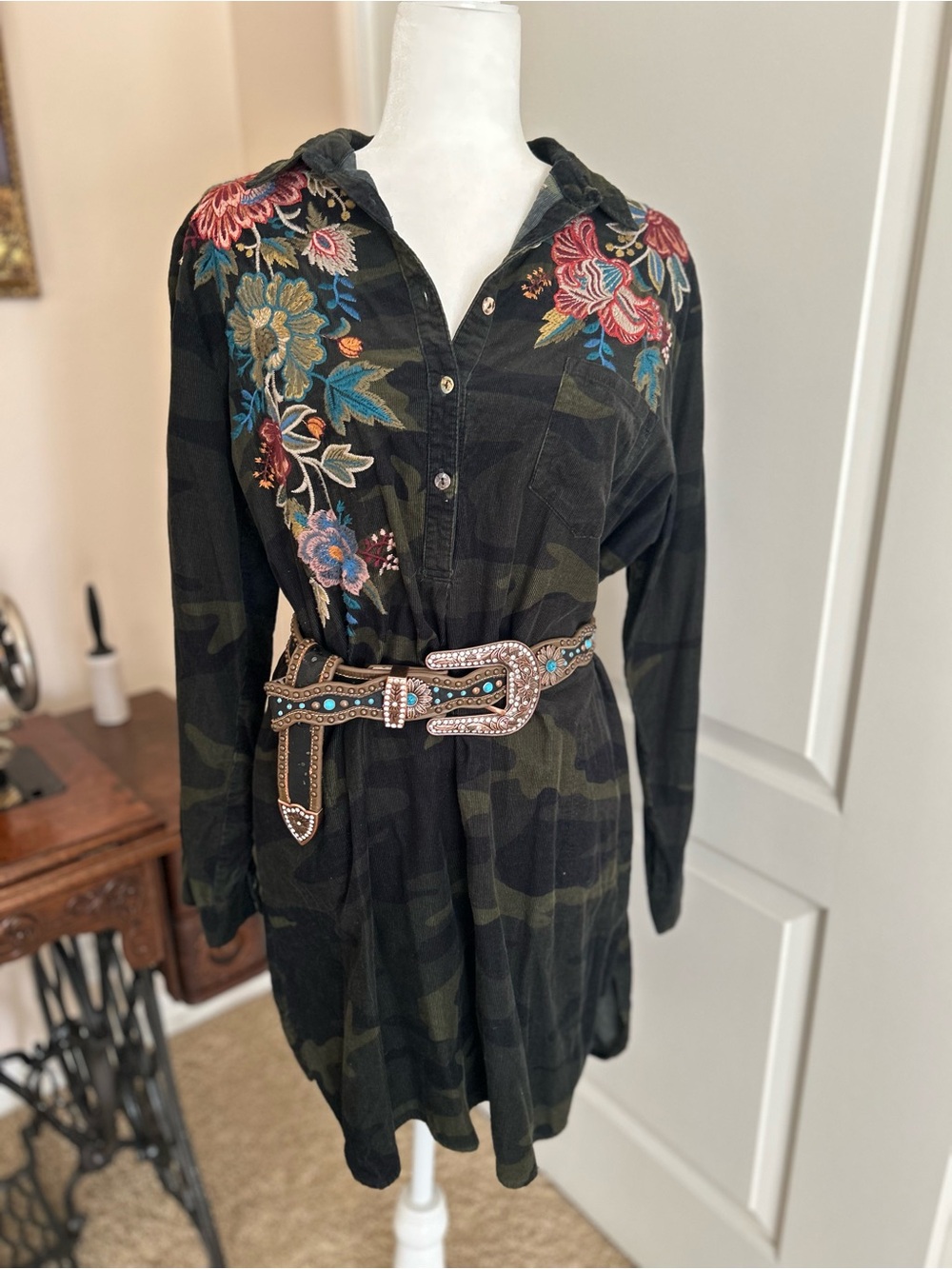 Johnny Was Tyrell Embroidered Camo Shirt Dress